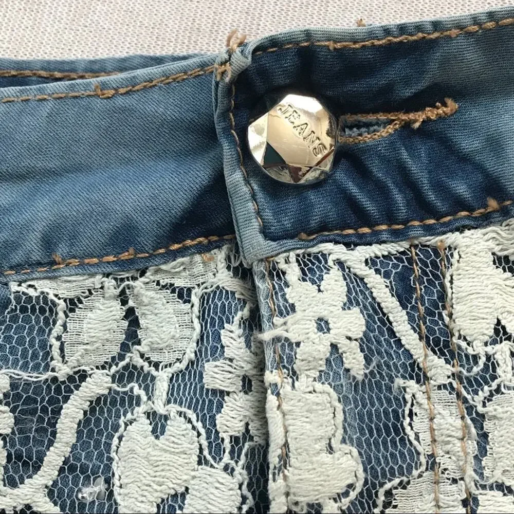Bling Short Shorts Chambray Embellished Lace Distressed  Denim - Picture 7 of 9